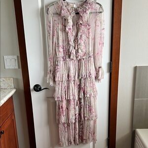 Zimmermann Pink Floral Ruffled Tiered Maxi Dress